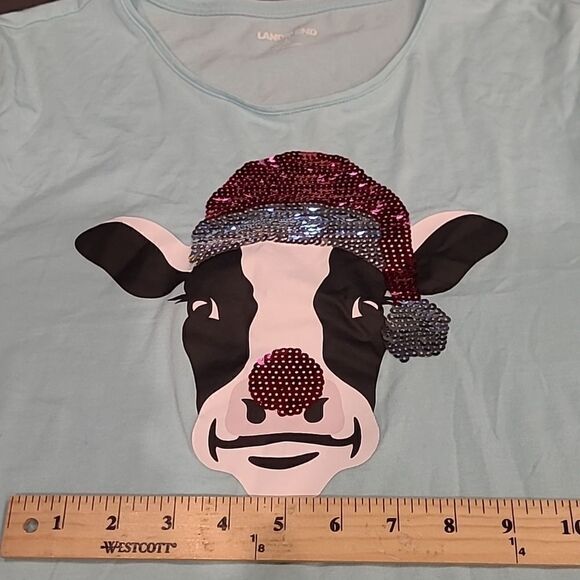 Lands End sz L sequined Santa Cow on light blue longsleeved T - Picture 6 of 8